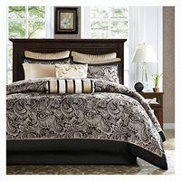 Comforter and Set, Queen Size Cotton 12-Piece Reversible Paisley Comforter Set in Black Gold