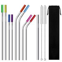 Eskyhouse Stainless Steel Straws 9 Pcs Variety Reusable Metal Drinking Straws With Smooth-friendly Wide Diameter Straw For Yeti 20oz 30oz 40oz Tumblers with 8 Silicone Tips 2 Cleaning Brsuhes 1 Pouch