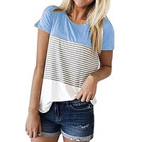 Kiyotoo Women's Casual Short Sleeve Round Neck Patchwork Top Triple Color Block Stripe T-Shirt Tunics Blouse Blue