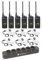 6 Pack of Motorola RDU4160d Radios with 6 Push To Talk (PTT) earpieces and a 6-Bank Radio Charger