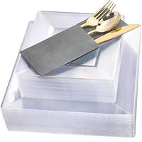 Square Plastic Plates with Gold Plastic Silverware, Plastic Dinnerware Set,Clear Square Plates,Linen Like Paper Napkin Elegant Grey Color, Great for Wedding, Party and Birthday, Supernal