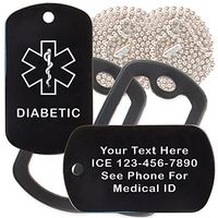 Custom 2 Pack - Diabetic Medical Alert ID Necklaces with Black Custom Tags, Black Silencers, and 30'' USA Chains