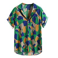 FONMA Mens Printed Hawaiian Cotton Linen Loose Short Sleeve Casual Buttons T Shirt Green