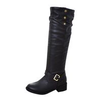 Dainzuy Women's Knee High Boots Fashion Over The Knee Wide Calf Low Block Heel Winter Riding Boots with Buckle Strap Black