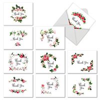 10 Assorted ‘Elegant Flowers' Thank You Cards with Envelopes 4 x 5.12 inch, Boxed Set of Floral Wreaths and Beautiful Script Gratitude Notes, Blooms Around Pretty Typography Cards M4175TYG-B1x10