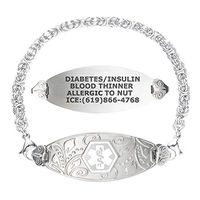 Divoti Custom Engraved Medical Alert Bracelets for Women, Stainless Steel Medical Bracelet, Medical ID Bracelet w/Free Engraving – Lovely Filigree Tag w/Handmade Byzantine -White-7.0"