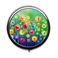 Qien BaiSei Watercolor Flowers Pill Box/Pill Case-Round Pill Box/Case- Three-Compartment Pill Box/Pill Case