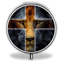 IMLONE Pill Organizer, Customized Lion Cross Pill Boxes with 3 Components Metal Portable Pill Container for Purse, Travelling and Daily Needs