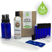 Essential Oil Tools & Accessories by Essenzia - Aromatherapy Carrier Oil Kit with 4oz Fractionated Coconut Oil, Glass Spray Bottles & Metal Roller Bottles, Bottle Opener Tool, Droppers, Mini Funnel