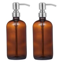 2 Pack Thick Amber Glass Pint Jar Soap Dispenser with Silver Stainless Steel Pump, 16ounce Boston Round Bottles Dispenser with Rustproof Pump for Essential Oil, Lotion Soap