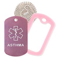 Asthma Medical Alert ID Necklace with Pink Tag, Pink Silencer, and 30'' USA Chain - 154 Color Choices