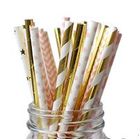 IPALMAY Metallic Gold and Pink Biodegradable Drinking Paper Straws, Striped Star Dot and Chevron, 7.75 Inches, Pack of 150