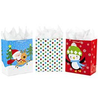 Hallmark 13" Large Christmas Gift Bag Assortment with Tissue Paper, Santa and Penguin (Pack of 3)