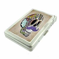 Cigarette Case with Built in Lighter Sugar Skull S15 Smoking King Size Cigarettes Silver Metal Wallet 4" X 2.75" RFID Protection Candy