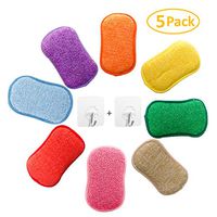 Microfiber Dual Action Kitchen Scrub Sponge, YOUYOUTE 5 Pack Washing Up Cleaner Heavy Duty Scouring Pads Household Cleaning Wash Cloth Reusable Non-Stick Non-Scratch with 2pcs Adhesive Hooks