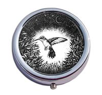 Joyce Hand Drawn Sketch Hummingbird Black and White Custom Pill Box for Purse - 2 Compartment Medicine Case, am/pm Metal Mini Daily Pill Box Medicine Pill Box Organizer Round