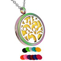 HooAMI Aromatherapy Essential Oil Diffuser Necklace - Stainless Steel Colorful Tree of Life Locket Pendant