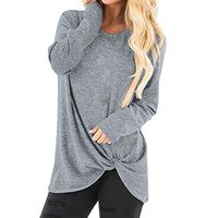 HNTDG Women Soft Loose Long Sleeve O-Neck Fashion Twist Knotted Tunic Casual Solid T-Shirt Blouse Tops Gray