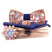 Meidexian888 Classic Handmade Mens Customized Solid Wood Bow Tie Creative Wedding Wooden Hollow Carved with Box Set (Navy)