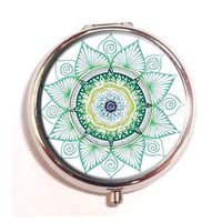 AmSun Blue and Green Mandala Leaf Pattern Custom Round Pill Case Medicine Pocket Wallet Travel Vitamin Decoration Box Holder