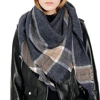 Wadonerful Plaid Triangle Scarf Women Winter Warm Long Wool Wrap Shawl Blanket Soft Cashmere Feel Tartan Neck Scarf Blue