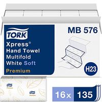 Tork Premium Soft Xpress Multifold Hand Towel H23, 3-Panel Hand Towel MB576, High Performance, Tear-Resistant, Absorbent 2-Ply, White - 16 x 135 Sheets