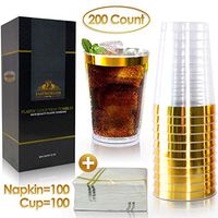 200 PIECES 100 Pack Of Decorative 12 oz. Gold Rim Clear Plastic Cups AND 100 Pack Of Stylish Gold Design Cocktail Napkins Ready To Make Any Wedding, Anniversary, Birthday and Party Extravagant.