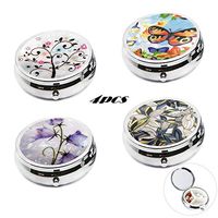 4Pcs Portable Round Metal Pill Box Case- Art Abstract Painting Lid, AUHOKY Mini Medicine Tablet Organizer Container Holder for Pocket Purse handbag Travel Gift - Compact 3 Compartments (60mm, 4Styles)
