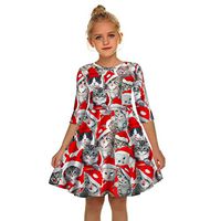 Driuankeji Girls Party Dress Kids Xmas Cartoon 3D Print Midi Dress Casual School Swing Dresses Christmas Clothes Red