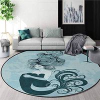 DESPKON-HOME Mermaid Round Area Rug,Sleeping Mermaid Design with Wavy Hair Hand Drawn Effect Grungy Backdrop Design Non-Slip Fabric Round Rugs for Study Room Round-63 Inch,Light Blue Dark Teal