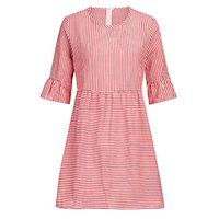 Lefthigh Women's Round Neck Striped Zipper Flared Dress, Ladies Fashion Casual Mini Skirts Pink