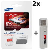 2 PACK - Samsung Evo Plus 128GB MicroSD XC Class 10 UHS-1 80mb/s Mobile Memory Card 128G MB-MC128DA with Adapter LOT OF 2 and USB 2.0 MemoryMarket dual slot MicroSD & SD Memory Card Reader