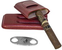 RawX - Red Embossed Rattlesnake Style Leather 3 Tubes Cigar Case Humidor w/ Cutter - Red