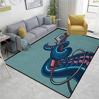 YucouHome Octopus Patchwork Floor Mat for Kids, Octopus Tentacle Holding a Microphone Retro Style Cartoon Rock and Roll Artwork, Fashionable High Class Living Bedroom Rugs(5'x 8') Teal Pink