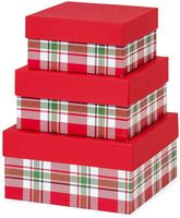 Made in USA Recycled Paper Kraft Boxes – 6.25”, 7.25” & 8.25” – Nested Squared Boxes with Lids (Large Set of 3 - Christmas Plaid)