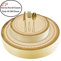 Tiger Chef Plastic Dinnerware 300 Piece Set Service For 60 Guests Includes 60 10.75-inch Dinner Plates 60 7-inch Salad Plates 6 Cutlery Sets Forks, Spoons, And Knives Disposable BPA Free