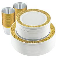 150 Pc Elegant Gold Lace Plastic Dinnerware Set | Bundle of 10.25” Plates + 7.5” Plates + 9oz Cups | High-End Disposable Party Supplies For Weddings, Housewarming, Graduation & Parties