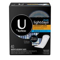 U by Kotex Lightdays PLUS Liners, Regular, Fragrance-Free, 40 Count, Pack of 8 (320 Count Total)