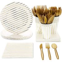 Juvale Gold Foil Stripes Party Supplies (Serves 24) Plates, Cups, Napkins, Knives, Spoons, Forks