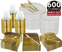 600 Piece Gold Dinnerware Party Set - 100 Guest | 100 Dinner Plastic Plates - 100 Salad Gold Plates- 100 Gold Plastic Silverware Set - 100 9 OZ Gold Plastic Cups | For Wedding, Birthday, Parties