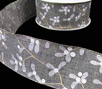 5 Yds Christmas Winter Grey Silver Berries Modern Burlap Jute Like Wired Ribbon