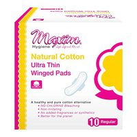 Maxim Natural Cotton Maxi Pad with Wings, 10ct, Regular Daytime Maxi Pads, No Chlorine/Dioxin/SAP, Biodegradable Sanitary Pad for Women, Breathable, Hypoallergenic, Cotton Winged Pads, 1 Pack of 10