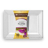 [40 Count - 7.5 Inch Plates] Rectangulete Hexagons Designer Tableware Heavyweight Plastic Clear Rectangle Dessert Plates With Designed Border, Party & Wedding, Event Disposable Dishes