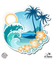 Tropical Ocean Beach Waves Palm Tree Vacation - 12" Vinyl Sticker Waterproof Decal