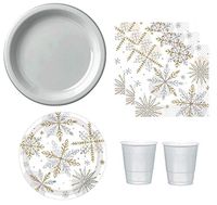 Silver And Gold Christmas Holiday Snowflake Sparkle Party Supplies for 16 Guests Plastic Plates Napkins And Cups
