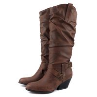 Dainzuy Women's Slouch Boots Cross Buckle Strap Stacked Square Heel Mid-Calf Boot Comfortable Winter Low Heel Boots Brown