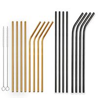 Berglander Reusable Titanium Plated Golden and Black Stainless Steel Drinking Straws Straight and Bent，Metal Straws with Brushes for Milkshakes, Frozen Drinks, Smoothies, Bubble Tea, Set of 18