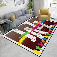 Music Animals Girls Rooms Nursery Decor Mats, Colorful Jazz Sign with Various Performer Silhouettes Illustration in Retro Boho Art, Easy Maintenance Area Rug Living Room Bedroom Carpet(4'x 6')