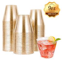 100pcs 9OZ Gold Plastic Cups,Disposable Gold Glitter Plastic Cups,Clear Plastic Tumblers,Wedding Thanksgiving, Christmas Party Cups