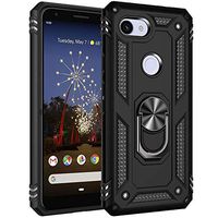 Compatible with Google Pixel 3A XL case with Kick Stand Slot with Magnetic car Place and Ring silisone case Full Body Protection Armor Dual Shock Proven Protection Cover Bumper case (Black)